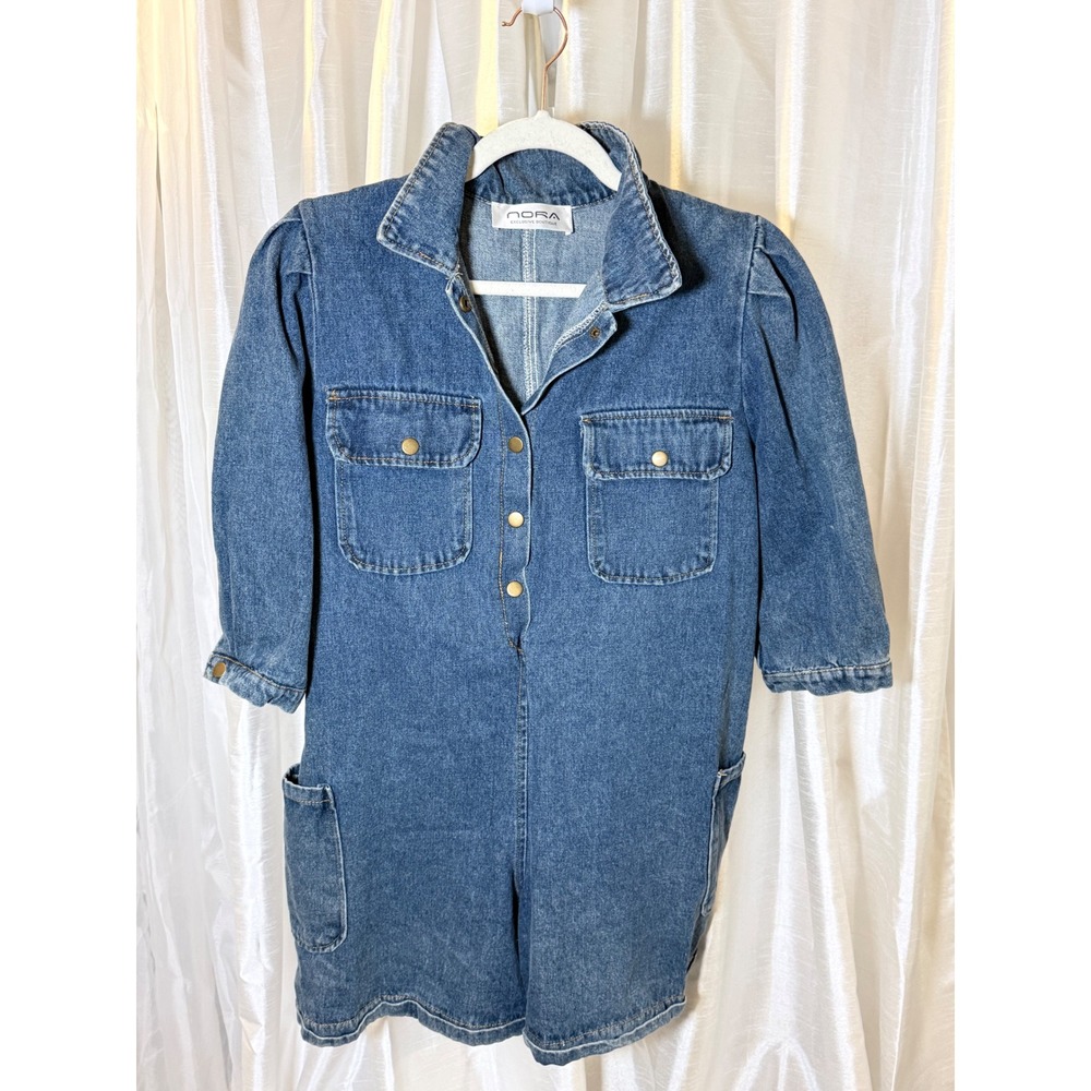 Nora Denim Romper Women Medium Blue Excellent Puff Sleeve Utility Cargo Pocket